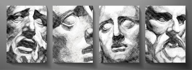 istock Engraved antique face - poster. Vector line pattern (guilloche) of ancient Greek portrait (closeup man head) 1324553352