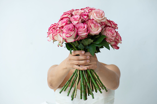 close-up. Bouquet of peony roses. Delicate and beautiful bouquet.