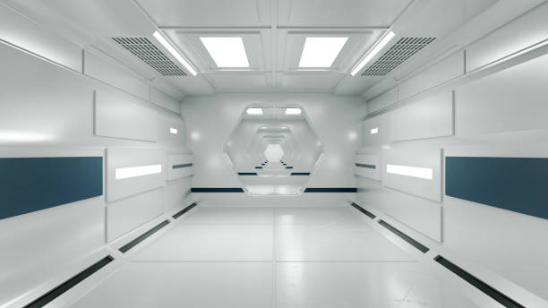 3d render. Futuristic hallway. Concept of modern architecture and interior spaceship stock photo