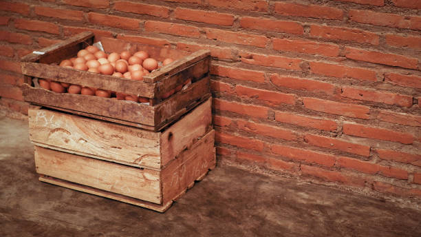 Eggs in a pile of wooden boxes