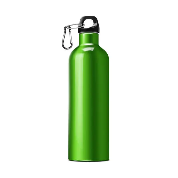 Vector illustration of Insulated water bottle with carry handle and carabiner clip, realistic vector mock-up. Stainless steel sport flask. Template for design
