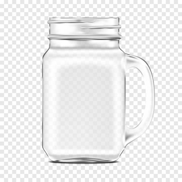 Clear glass mason jar with handle on transparent background, vector mockup. Empty drinking mug, realistic mock-up Clear glass mason jar with handle on transparent background, vector mockup. Empty drinking mug, realistic mock-up mason jar lemonade stock illustrations