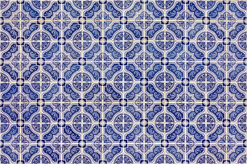 Azulejos is traditional Portuguese tiles. Azulejo is a form of Portuguese painted, tin-glazed, ceramic tile work. Architecture ornament.