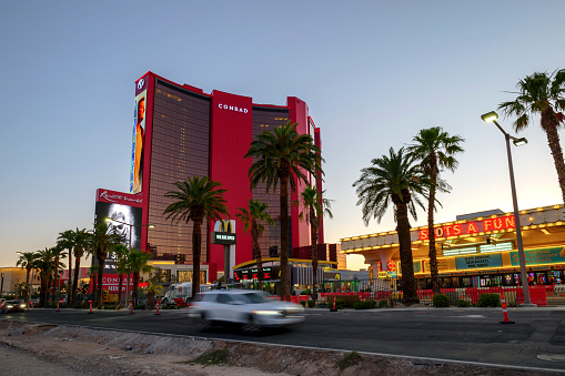 Las Vegas,Nevada, United States - June 11, 2021: New luxury casino hotel opening soon in June 24 2021 in Las Vegas Nevada. First big scale new casino in 10 years and has owned by Genting Group and this 59 story building has close to 4000 rooms.