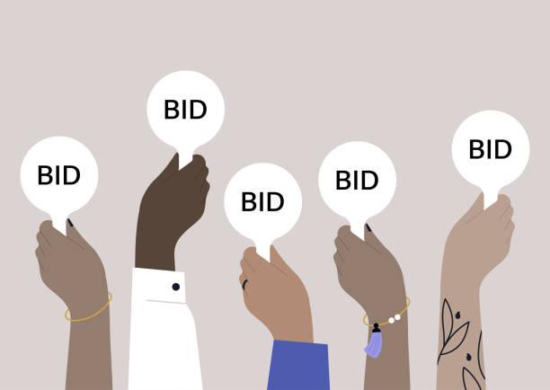 ilustrações de stock, clip art, desenhos animados e ícones de a diverse group of bidders holding auction paddles - bidder