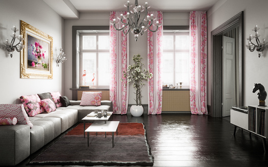 Digitally generated elegant Scandinavian style living room interior design.\n\nThe scene was rendered with photorealistic shaders and lighting in Autodesk® 3ds Max 2022 with V-Ray 5 with some post-production added.