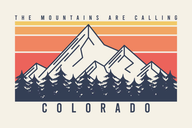 ilustrações de stock, clip art, desenhos animados e ícones de colorado t-shirt design with mountains and fir trees or forest. typography graphics for tee shirt with mountain in line style, color stripes, trees and slogan. apparel print. vector - letter t tree typescript alphabet