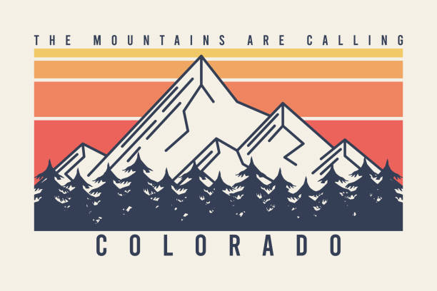 Colorado t-shirt design with mountains and fir trees or forest. Typography graphics for tee shirt with mountain in line style, color stripes, trees and slogan. Apparel print. Vector illustration.