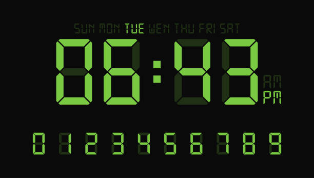 ilustraciones, imágenes clip art, dibujos animados e iconos de stock de conjunto de números de reloj digital o calculadora de números electrónicos. vector - clock face alarm clock clock minute hand