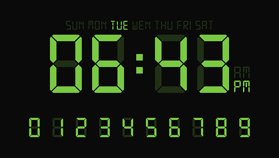 Digital clock number set or calculator electronic numbers. Vector illustration.