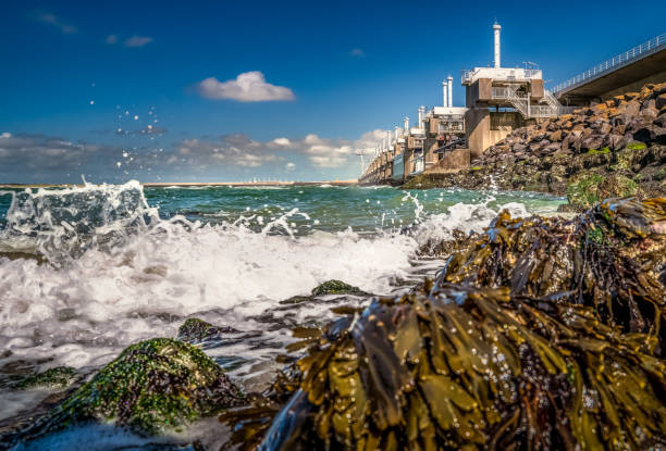 Vista sobre a arquitetura da barreira de inundação 'Neeltje jans' nos Países Baixos a partir da costa rochosa com algas marinhas e ondas espirrando - foto de acervo