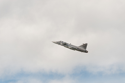 Gloucestershire, UK - July 9, 2014: Swedish Air Force Saab JAS-39C Gripen multirole fighter aircraft on approach to land at RAF Fairford.