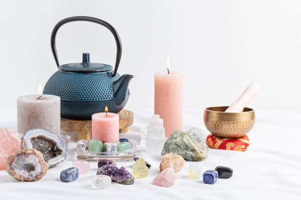 istock Healing chakra crystals therapy. Alternative rituals, gemstones for wellbeing, meditation, destress 1324566086