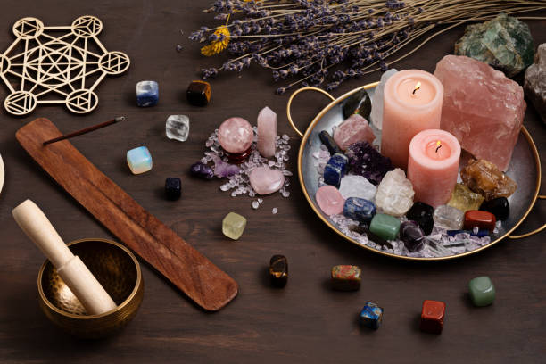 istock Healing chakra crystals therapy. Alternative rituals, gemstones for wellbeing, meditation, destress 1324566119