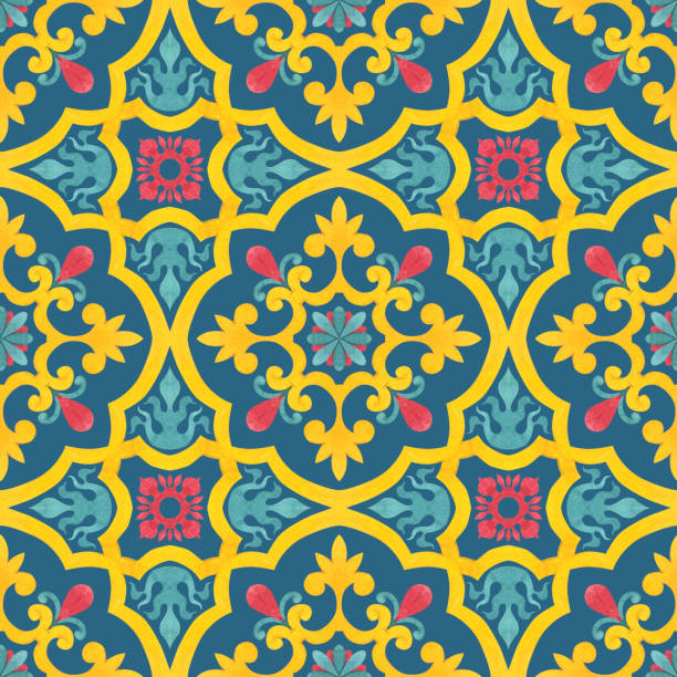 Bright mosaic with golden curls and floral motifs. Bright mosaic with golden curls and floral motifs. Watercolor seamless pattern on a contrasting blue background. Drawing for the design of postcards, print prints and decor. persian pottery stock illustrations