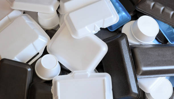 Amount of styrofoam containers Top view of a stack of polystyrene containers (number 6 plastic). polystyrene box stock pictures, royalty-free photos & images