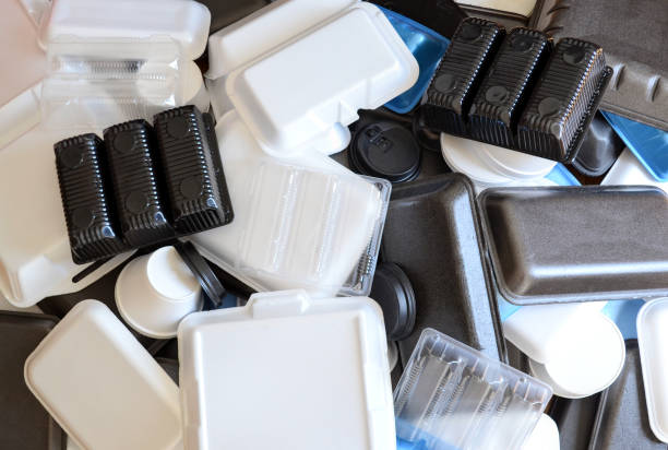 Amount of styrofoam and plastic containers stock photo