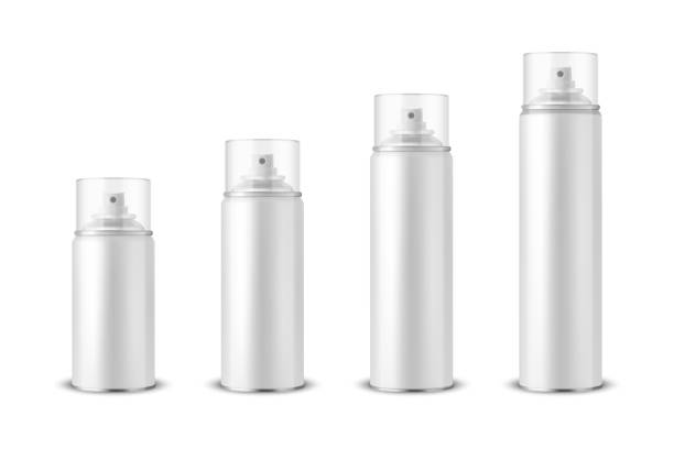 ilustraciones, imágenes clip art, dibujos animados e iconos de stock de vector 3d realista blanco aluminio blanco spray puede, botella, conjunto de tapa transparente aislado. pequeño, mediano, grande tamaño. plantilla de diseño, sprayer can, maqueta, paquete, publicidad, laca para el cabello, desodorante - aerosol