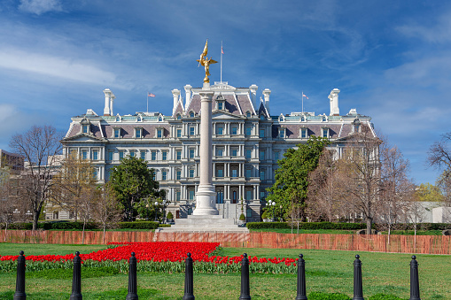 Eisenhower Executive Office Building, Washington DC, USA. The building is a U.S. National Historic Landmark. Many White House employees have their offices in this structure. Red Tulips, Blue Sky with Clouds, Green Lawn and Trees are in this image.
.