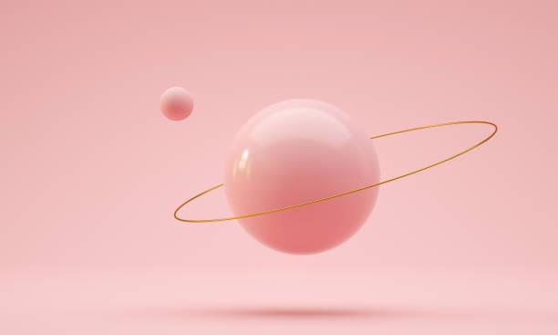 Floating ball with golden ring and orbital sphere. Pink color. 3d render