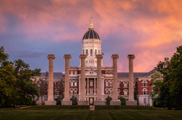 Columns at University of Missouri Architectural columns and Jesse Hall on the campus of University of Missouri. University of Missouri - Mizzou campus at sunset. university of missouri columbia stock pictures, royalty-free photos & images