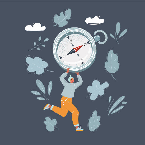 istock Vector illustration of Woman runs in the right direction with big compass in her hand 1324574966