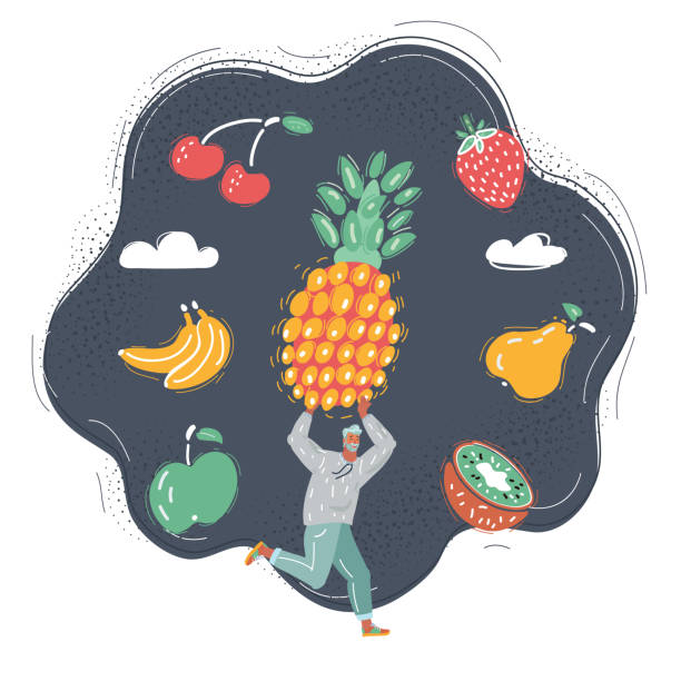 istock Vector illustration of Man get big fruit and run with it on dark background. 1324574984