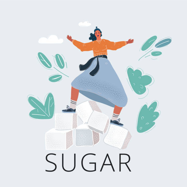 illustrazioni stock, clip art, cartoni animati e icone di tendenza di illustrazione vettoriale della donna bilanciata su cubetti di zucchero su sfondo bianco. troppo concetto di zucchero - insulin resistance