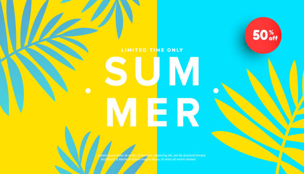 illustrations, cliparts, dessins animés et icônes de illustration vectorielle de vente d’été avec fond de feuilles tropicales. bannière promotionnelle pour le site web, le dépliant et l’affiche. illustration vectorielle - summer