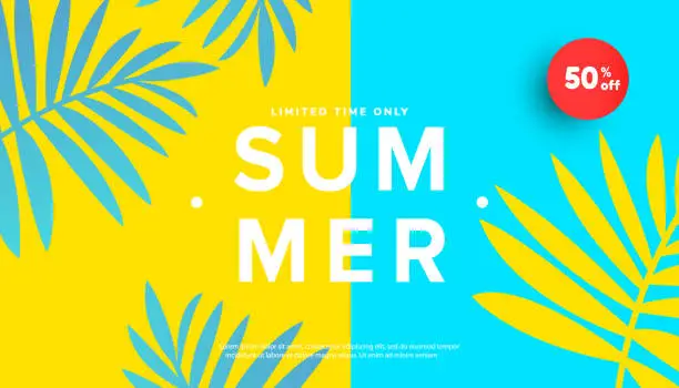 Vector illustration of Summer sale vector illustration with tropical leaves background. Promotion banner for website, flyer and poster. Vector illustration