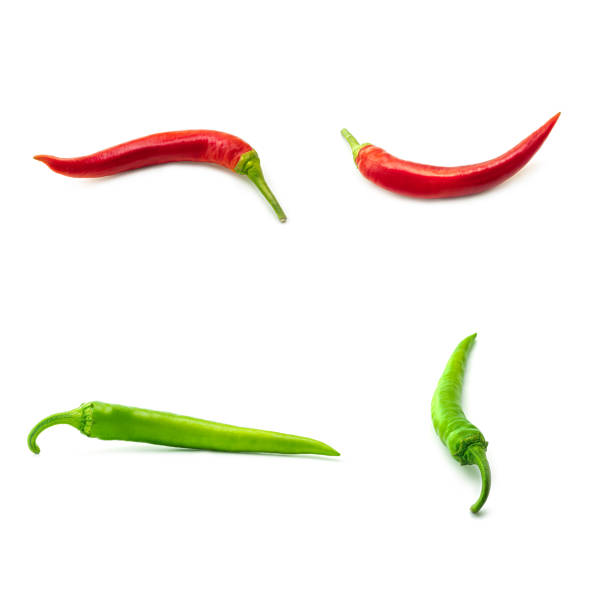 Bird's Eye Chilli Green and Red on White Isolated Background.