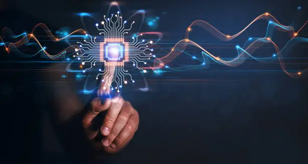 Photo of Businessman hand pointing data of brain digital. Artificial intelligence technology. Machine Learning business concept.