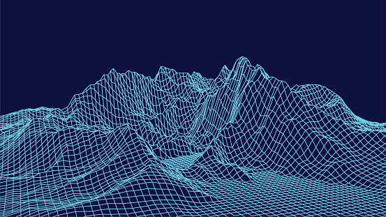 Wireframe landscape design on blue background. Technology grid.