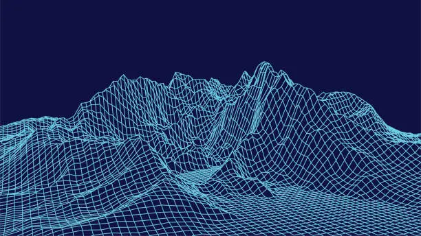 Vector illustration of Wireframe landscape design on blue background. Technology vector grid.