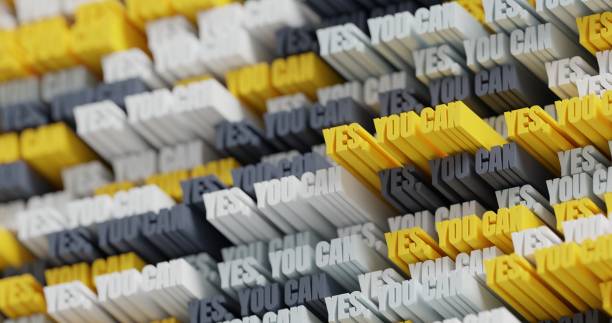 istock 3D Yes, you can! Abstract typographic 3D lettering background. Modern bright trendy motivational word pattern in yellow, white, gray and black. Contemporary cover and backdrop 1324582777