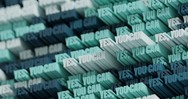 istock 3D Yes, you can! Abstract typographic 3D lettering background. Modern bright trendy motivational word pattern in mint, blue, dark blue and graphite colors. Contemporary cover and backdrop 1324583207