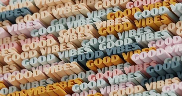 istock 3D Good Vibes. Abstract typographic 3D lettering background. Modern bright trendy word pattern in orange, gold, earthy and blue-gray color palette. Contemporary cover, backdrop for presentations 1324583237