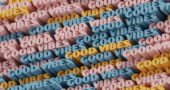 3D Good Vibes. Abstract typographic 3D lettering background. Modern bright trendy word pattern in yellow, blue and pink colors. Contemporary cover, backdrop for presentations