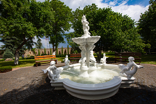 Dubno, Ukraine - June 7, 2021: Dubno castle. Fountain