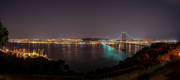 Illuminated city skyline cityscape of Lisbon, Portugal