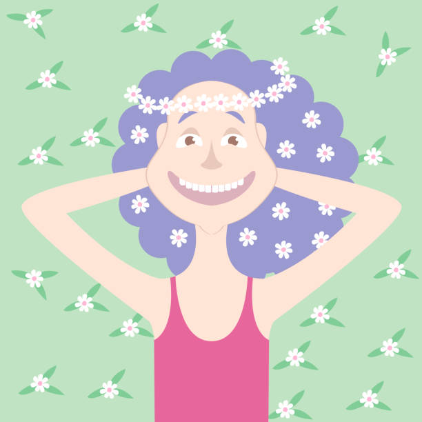 pretty young woman with curly hair and a wreath of white flowers Vector graphics - a pretty young woman with curly hair and a wreath of white flowers on her head smiling happily against the background of green grass. Concept-summer style grass family green background temperate flower stock illustrations