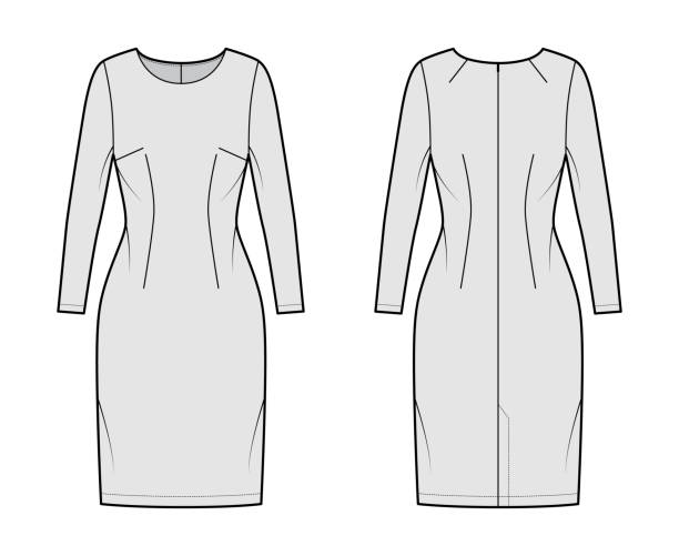 sukienka pochwa techniczna ilustracja mody z długimi rękawami, dopasowanym korpusem, spódnicą ołówkową do kolan. odzież płaska z przodu - lace black lingerie textile stock illustrations
