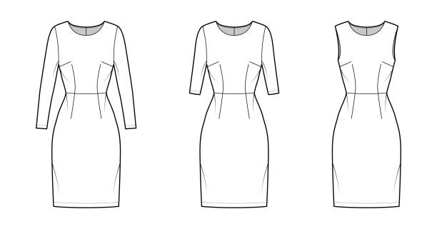 zestaw sukienki pochwą techniczne ilustracji mody z długim łokciem krótki rękaw, naturalna talia, długość kolana - lace black lingerie textile stock illustrations