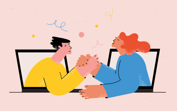 Online meeting, online agreement, digital workers connecting, cooperation, teamwork, partnership concept vector illustration. People from laptop screens shaking hands, team building concept vector art illustration