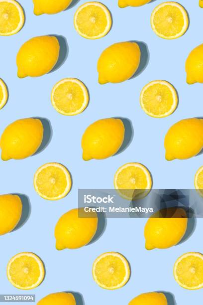 Geometrical Lemon Fruit Flatlay Modern Pattern Stock Photo - Download Image Now - Lemon - Fruit, Pattern, Backgrounds