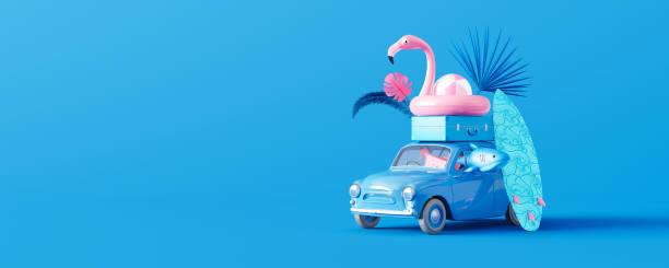 istock Car with luggage and summer accessories on blue background. Creative minimal vacation and travel concept idea with copy space 3D Render 1324592679