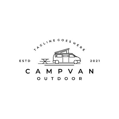Line art Camper van logo, emblems and badges. camping tent and forest silhouette. Recreational vehicle illustration