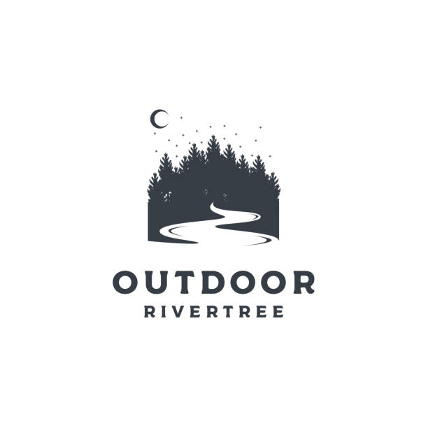 vintage lasy sosnowe z river ilustracji ręczny rysunek symbol design vector - river stock illustrations