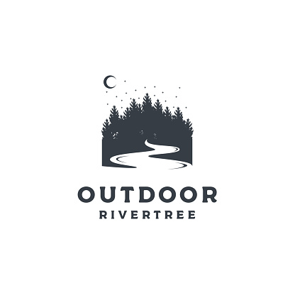 Vintage Pine Forests with River Illustration Hand Drawing symbol Design Vector