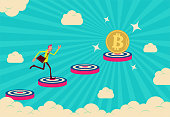 istock Achieving success, a businessman running climbing up the staircases made up of dartboard (goal, target) step by step in the sky and reaching the Bitcoin Cryptocurrency 1324606584